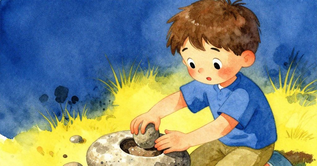 羅南專注地將濕黏土夾進石塊凹槽中，雙手細緻操作，臉上流露出專注與喜悅，場景細膩逼真。