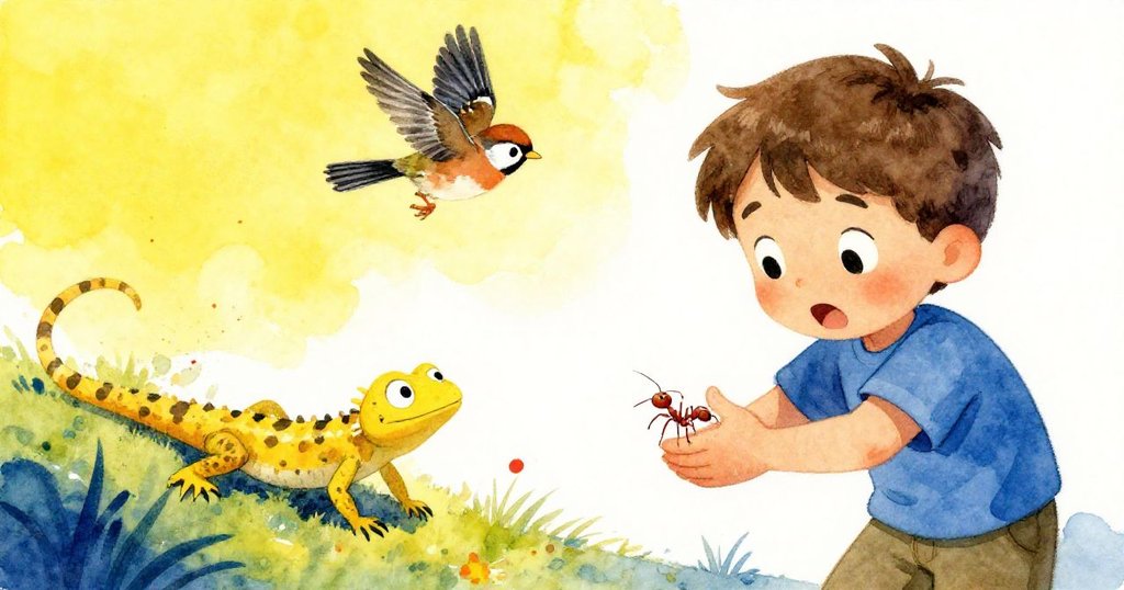 羅南驚見螞蟻在手腕爬行，蜥蜴急速逃逸，隨即隱藏的野鶉振翅高飛，情緒緊張動感充沛。