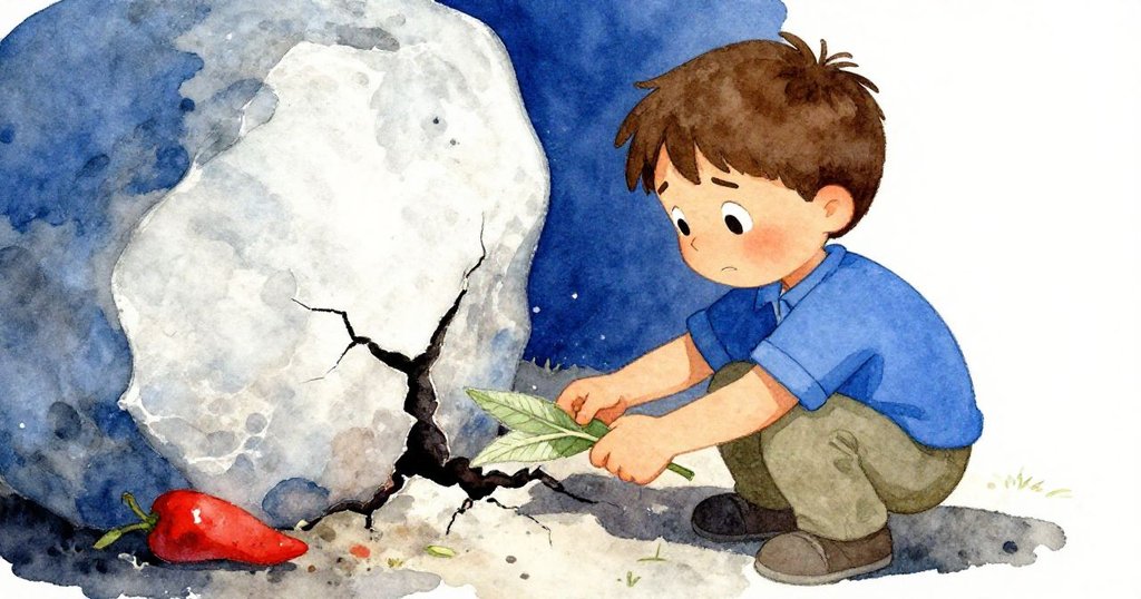 羅南凝神折下一片鼠尾草葉，小心翼翼夾進乾裂的黏土中，臉上顯露堅定與內心糾結，場景細膩動人。