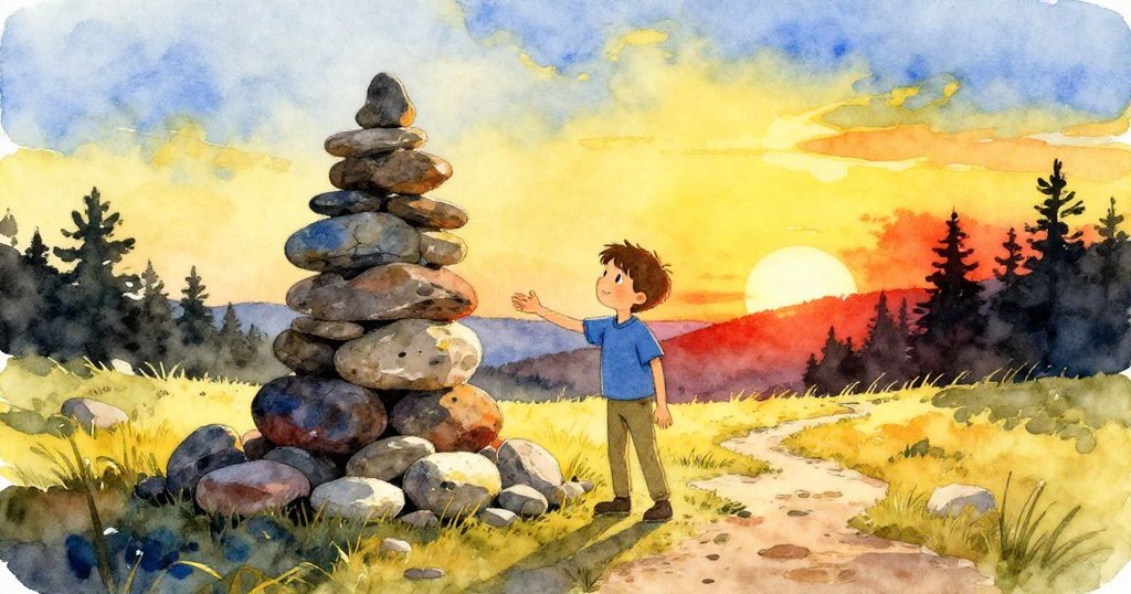 羅南站在穩固的石堆旁，微笑欣賞自己完成的傑作，夕陽餘暉灑落大自然平靜廣闊的美景，情感溫暖感人。