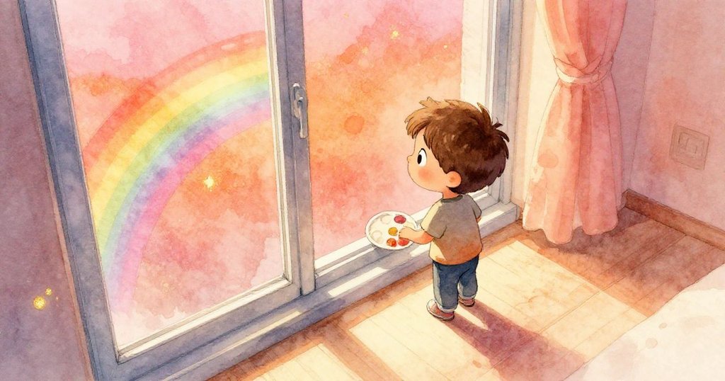 山姆在溫暖房間中注視發光水杯，窗台上懸浮著塵粒和彩虹，充滿好奇與期待的氛圍。