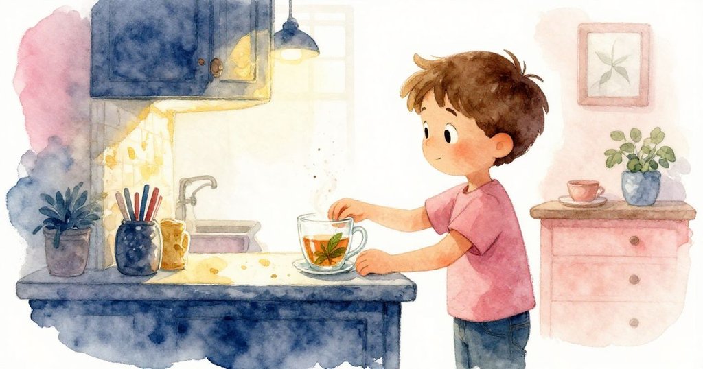 山姆在廚房櫃台前調整玻璃，背景中薄荷茶散發輕柔蒸氣，塵埃靜靜旋轉，層次分明引人入勝。