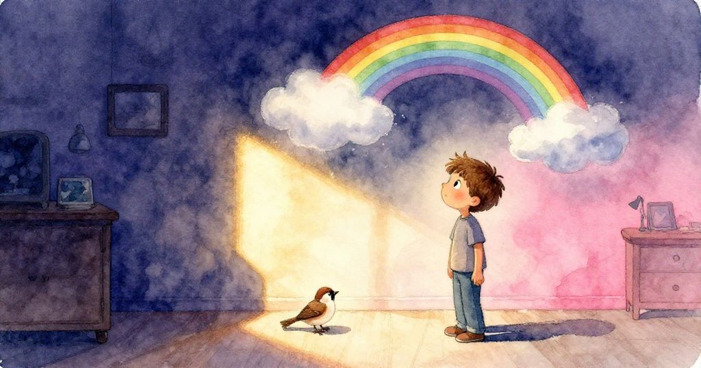 山姆注視著窗外陰雲掠過，玻璃上的彩虹暫時變暗，一隻麻雀在窗邊靜靜守望，情緒凝重且夢幻。