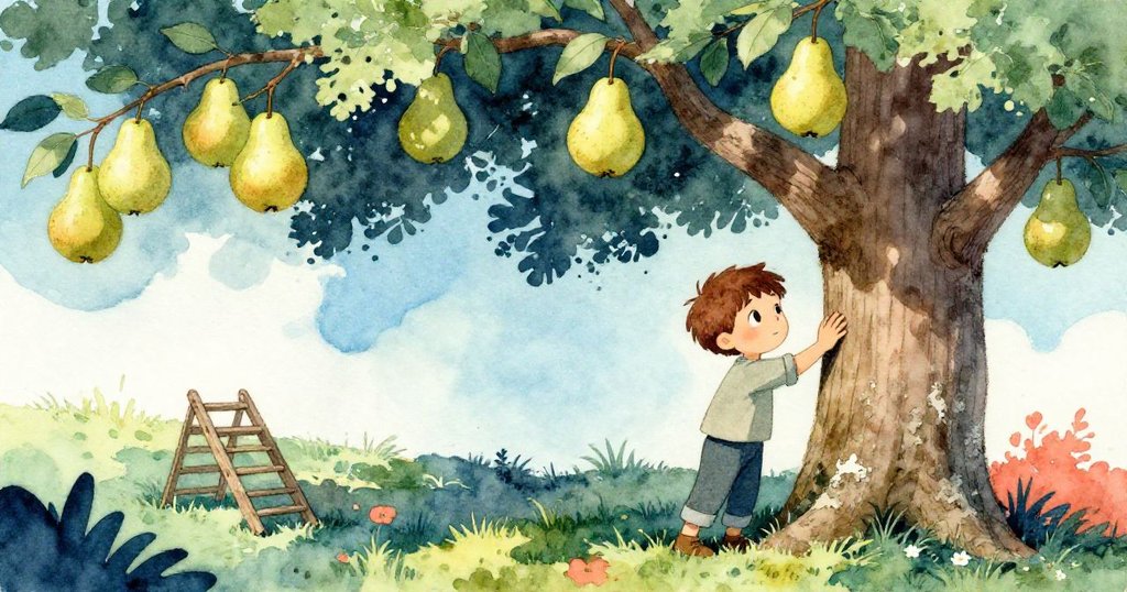 Cal 按在覆滿青苔的粗糙樹皮上，遠處高掛的梨子在光影中閃爍，他表情好奇，背景為戶外果園景致。