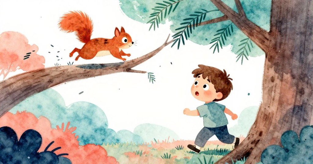 從松鼠視角看見，松鼠在紫杉樹上奔跑，針葉撒落，Cal 被輕拂的細針驚訝回應，背景充滿活力的自然景致。