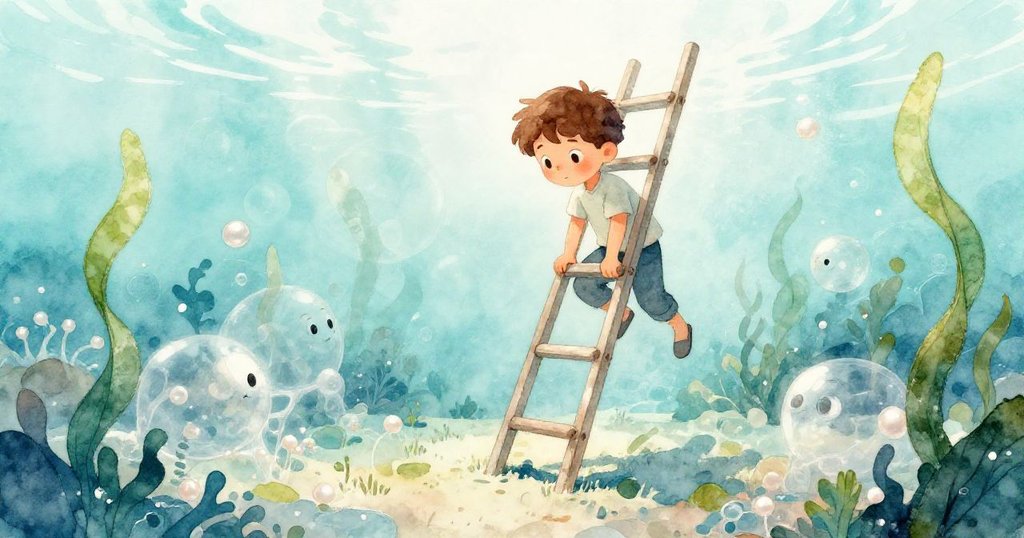 Cal 將梯子拉向穩固土地，畫面如水中世界般柔和透明，青苔與木頭在柔光下顯得幻化，充滿期待和策略轉變。