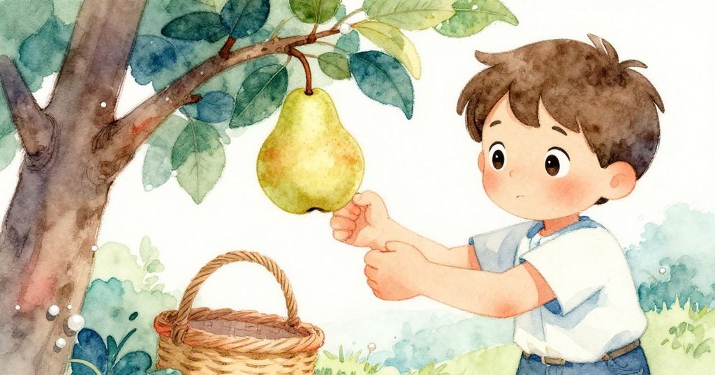 Cal 集中精神扭轉手腕取下成熟梨子，手部特寫顯示細膩動作，籃子在背景隱約呈現重量壓迫景象，表情堅毅。