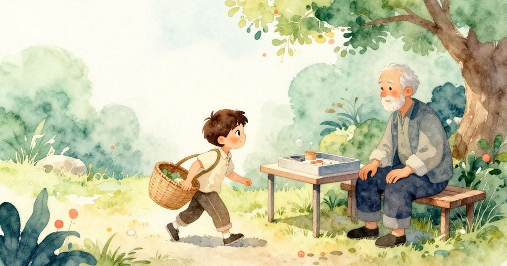 Cal 提著沉重籃子平穩行走回歸檢查台，Grandfather 靜坐長椅旁注視，背景樹枝僅留少數梨子，午後光線柔和，充滿平靜收尾情緒。