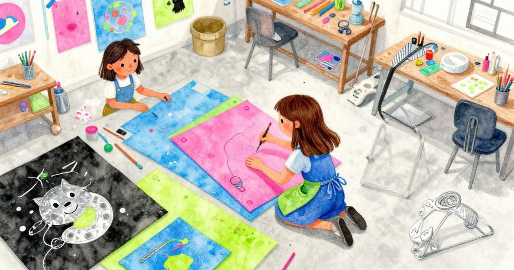 Ada跪在明亮水泥地上，專心處理藍金紙板邊緣，環境散落工具與材料，展現創作序幕