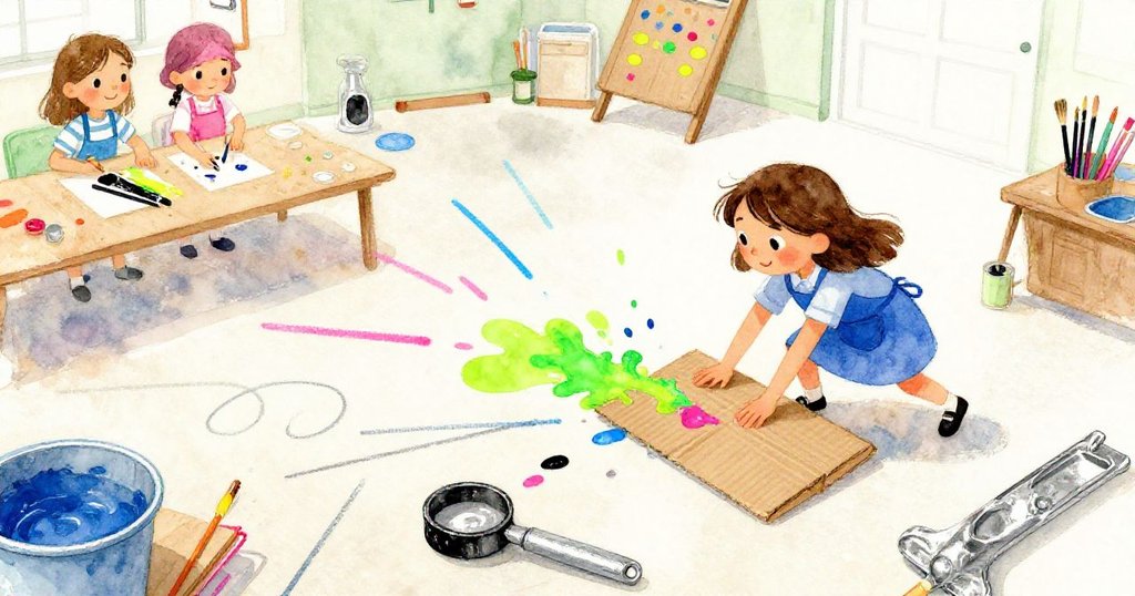 高處俯瞰中，Ada推動硬紙板控制流動膏料，場景展現藍金紙板與粉末細節，創作進入穩定期