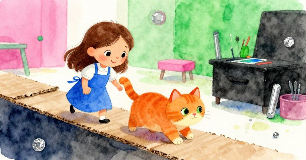 在平靜中，Ada微笑著看著好奇小貓沿著紙板邊緣行走，場景恢復有序散發溫暖創作後續