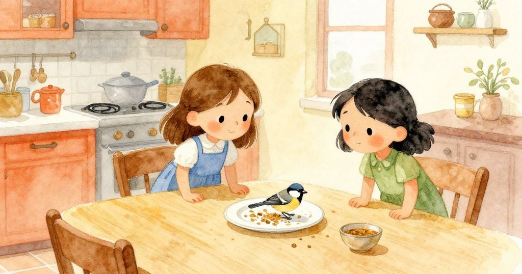 凱低語指著桌上啄食餅屑的麻雀,荷普則小心站在牙籤杯旁,明亮廚房內指示箭頭映襯著忙碌隊列,情緒既好奇又緊張。