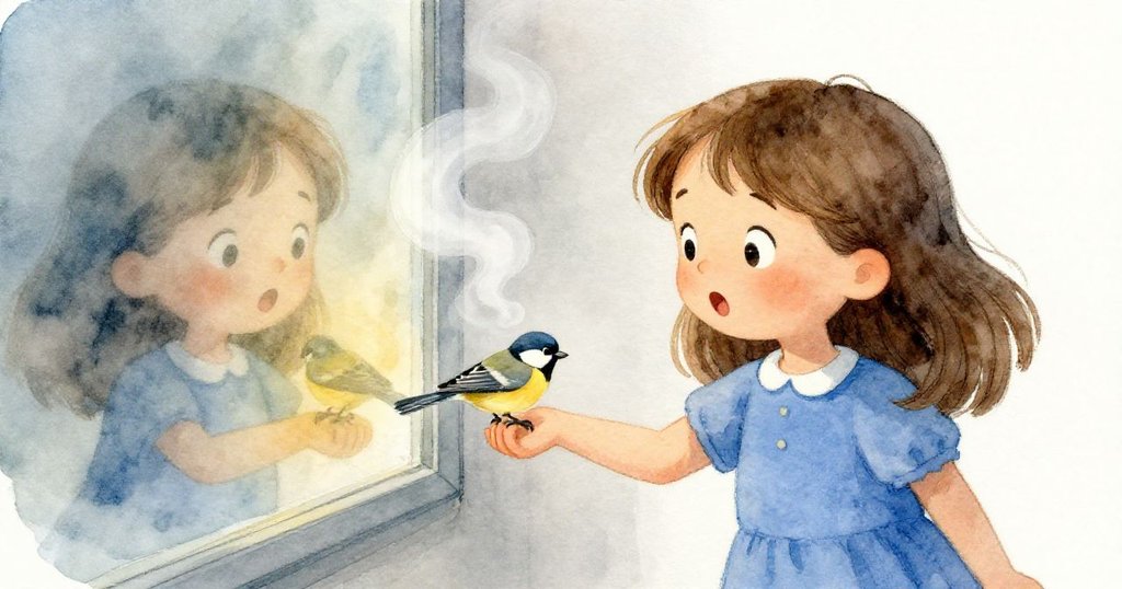 凱驚訝地看著麻雀輕觸手腕,蒸氣迷霧玻璃中映出柔和藍光與金色光芒,室內溫馨氛圍流露出細膩情感。