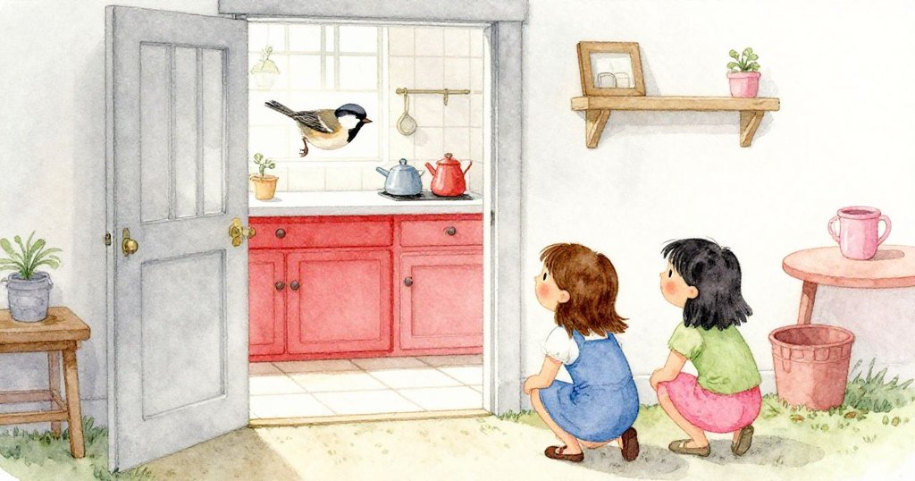 麻雀飛向敞開的門外,凱與荷普謹慎蹲在門邊準備築巢,室內外光影交錯,動作流露出期待與決心。