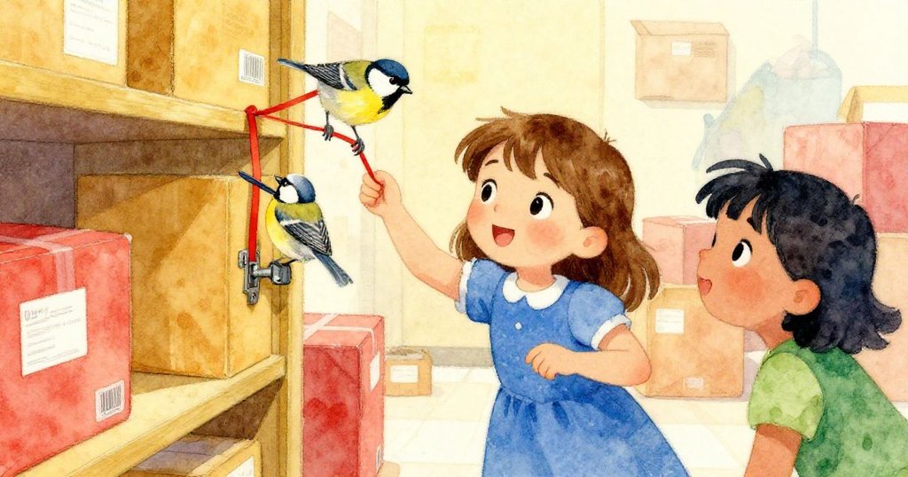 在包裝區,麻雀用喙輕拉紅帶,凱與荷普目光專注觀察,燈光與陰影交織出緊張而優雅的瞬間。