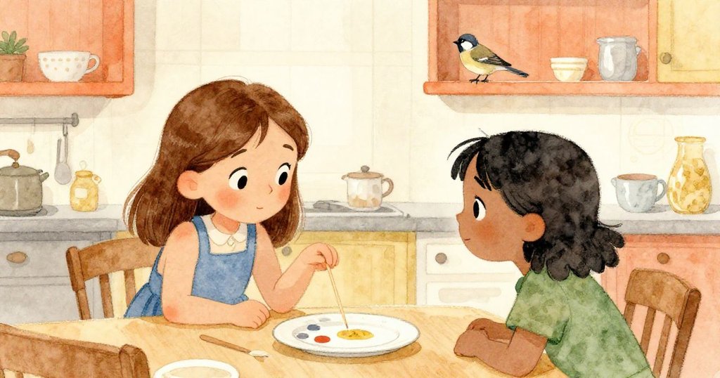 麻雀飛出後,凱與荷普微笑點頭,凱手中牙籤靜靜落盤,廚房裡暖光映襯隊列背景,敘事圓滿落幕。