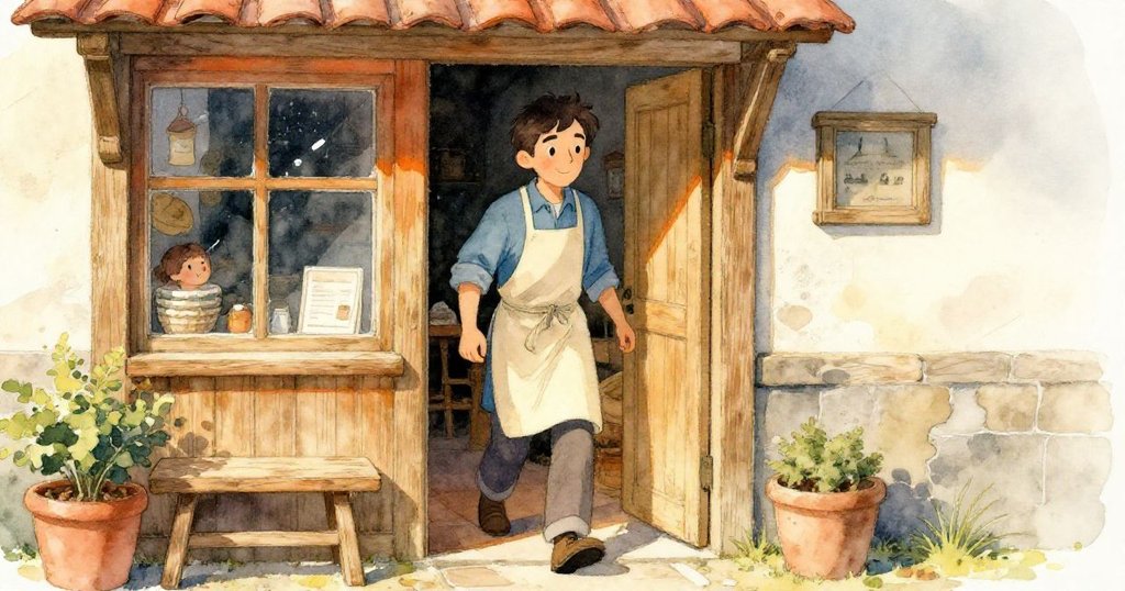 路克穿著工作圍裙走進溫馨鞋匠鋪，木門透出暖陽，展現決心與期待的溫暖開端。