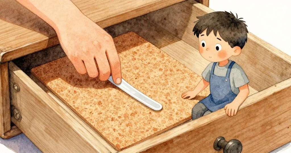 路克細心檢查抽屜中對比鮮明的軟橡膠與粗糙軟木片，手部特寫呈現物件質感與修鞋細節。