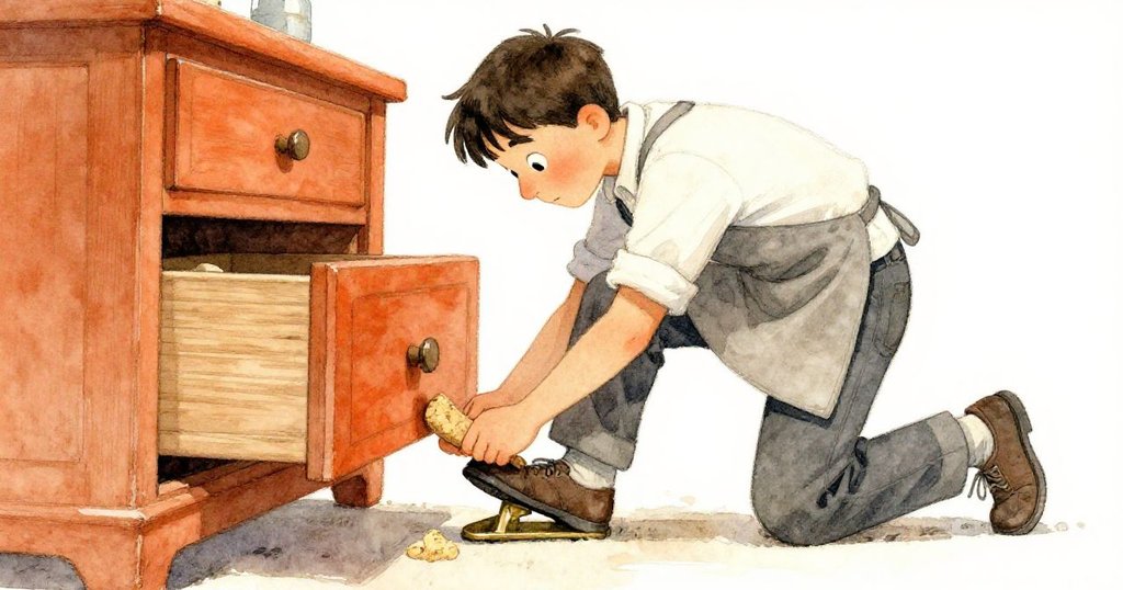 路克低身支撐銅製腳凳，拉動頑固抽屜時展現堅定神情，低角度捕捉努力與決心。