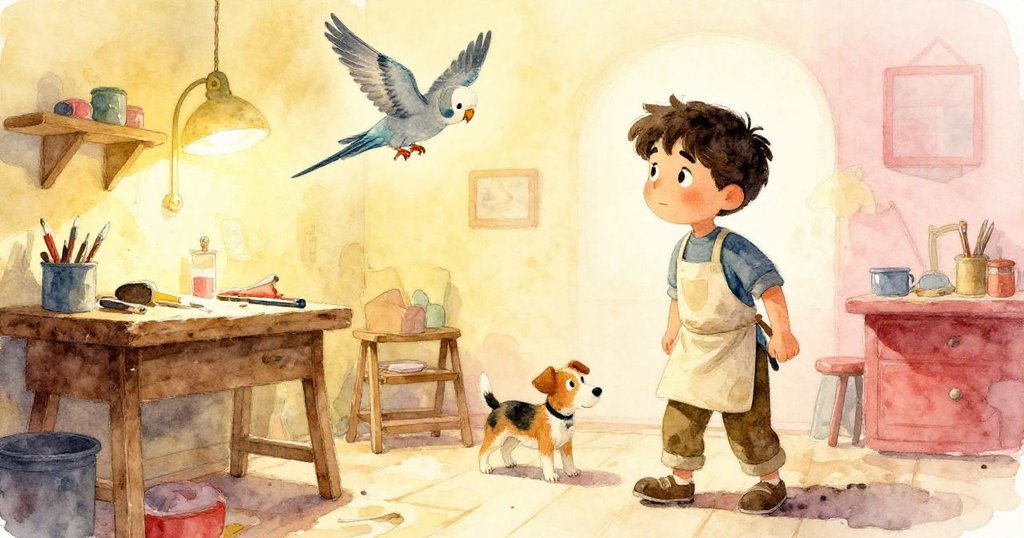 在狹窄工坊空間中，灰鸚鵡驚飛，鞋匠狗自修理台旁甦醒，背景隱約顯現路克忙碌身影。