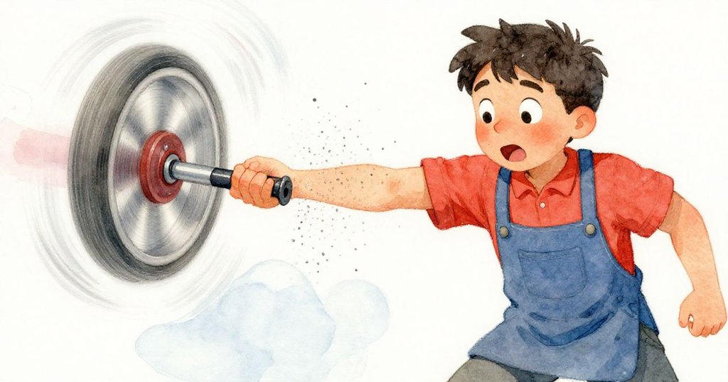 路克驚訝揚臂，打蠟輪高速轉動噴出閃爍斑點，捕捉意外動感與工坊活力瞬間。