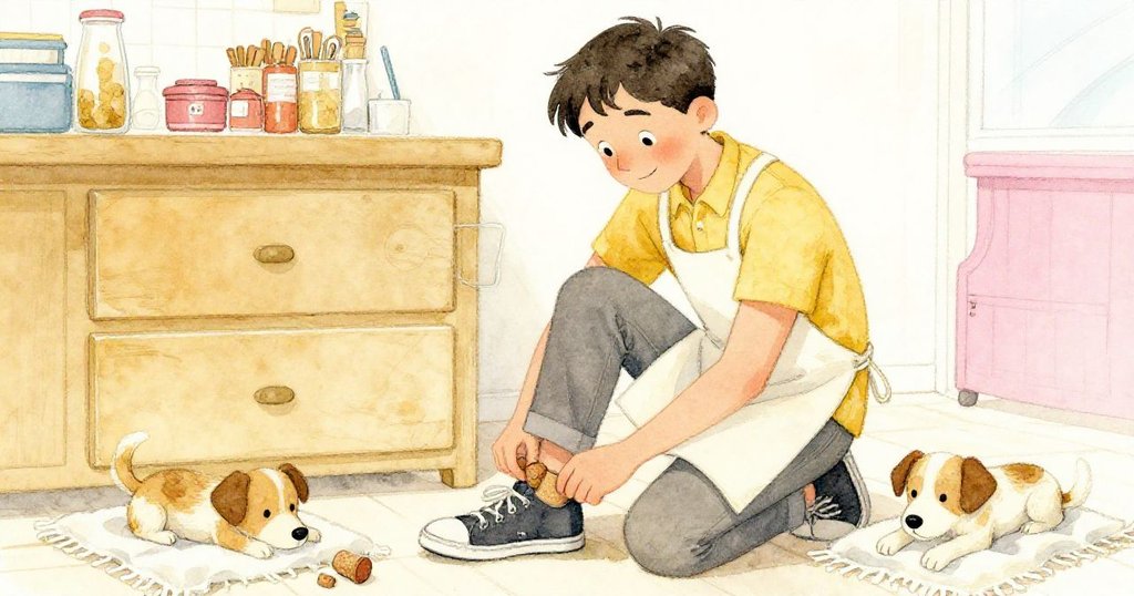 路克滿懷安寧微笑將軟木片嵌入鞋中，抽屜靜閉，鞋匠狗安臥毯上展現家居寧靜溫馨結局。