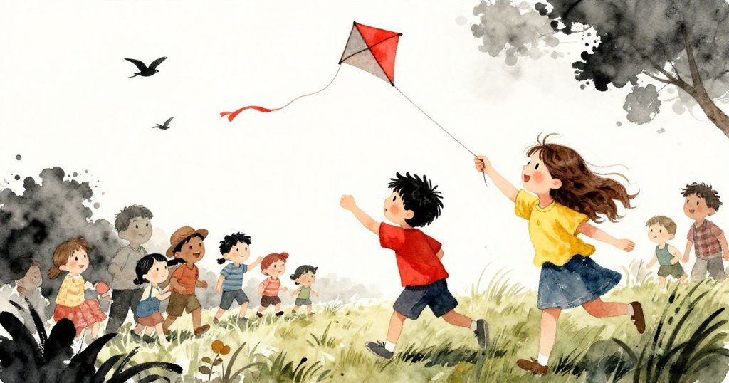 萊爾與特絲在風中放風箏, 與其他小朋友和鳥群聚集於草地, 陽光明亮熱鬧, 表情愉悅, 動感十足 outdoor scene.