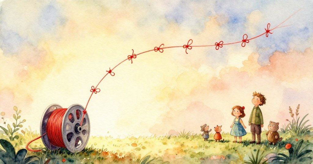 萊爾注視塑料捲軸, 手中紅色結扣細緻展現, 線條隨風張力十足, 表情專注, 細節豐富.