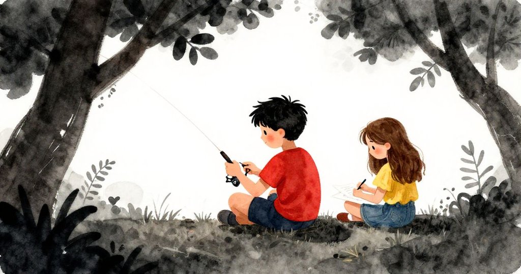 透過樹葉縫隙觀察, 萊爾調整捲軸, 特絲專心繪圖, 自然光柔和, 氣氛寧靜而充滿互動.