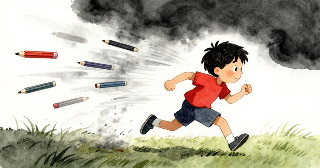 萊爾在草坡上急速奔跑追逐風吹散的鉛筆, 臉上滿是決心與緊張, 動作充滿活力.