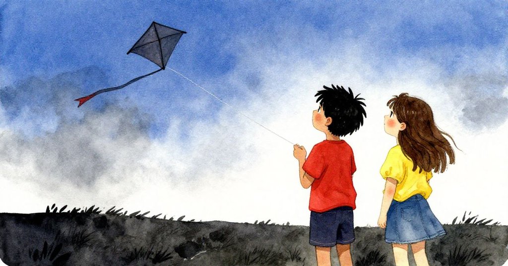 風箏輕搖藍天, 萊爾與特絲互望微笑, 戶外寧靜中流露希望, 氣氛柔和而富寓意.