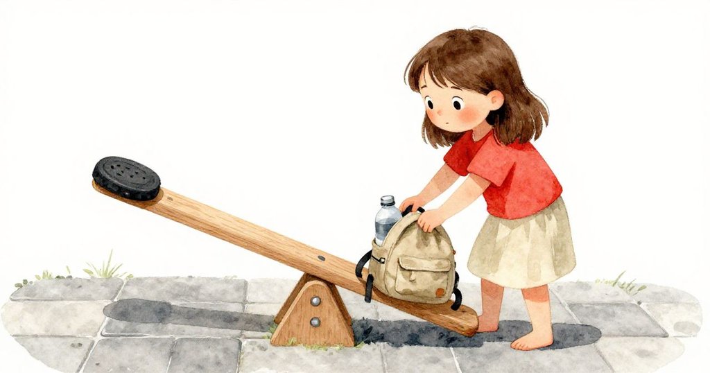 科萊特在戶外搖搖板旁擺放背包與水瓶，專注動作，細節中有橡膠磚與明亮光影，故事逐步展開