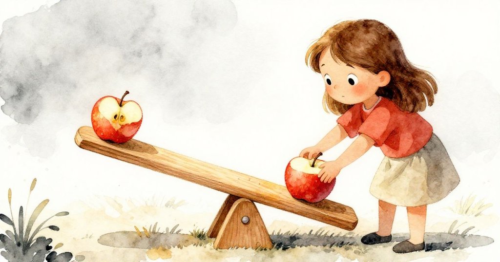 科萊特輕放蘋果片於搖搖板下，果汁染上木板呈現金黃銹色變化，情節轉向溫暖細膩