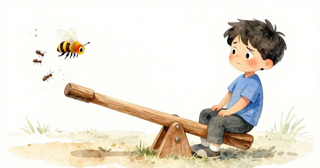 萊安德因小蜜蜂驚慌甩動，沙粒與螞蟻飛散在搖搖板上，動態緊張場面展現故事高潮