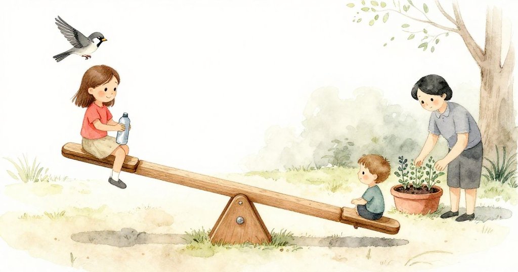 科萊特調整水瓶後露出安心微笑，搖搖板達到平衡，麻雀飛過，戶外氛圍寧靜，故事圓滿結局