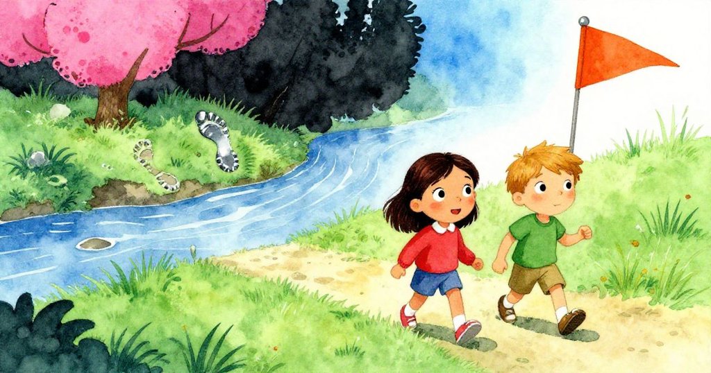 羅莎與克萊德走在草地小徑上,來到溪邊發現神秘鞋印和橙色旗幟,環境自然充滿好奇心。