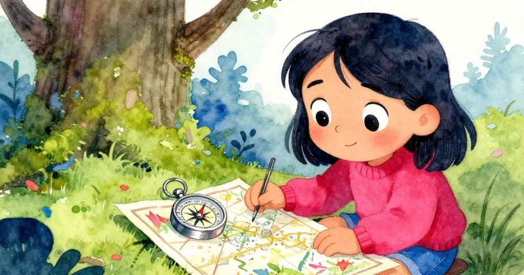 羅莎專注地查看懷舊羅盤與地圖,眼中充滿好奇,背景有青苔樹皮,展示探索中的情感。