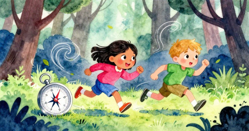 羅莎與克萊德急速奔跑在變幻小徑上,葉子旋舞,羅盤在行動中發出清脆聲音,呈現緊張冒險氣氛。