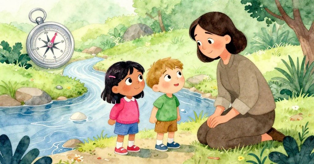 羅莎與克萊德在溪邊與老師重逢,臉上洋溢著安心笑容,羅盤針輕輕轉動,呈現柔和結局。