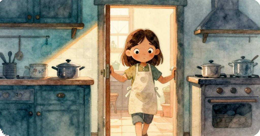 凱拉在晨光廚房中走向爐台，專注準備料理，溫暖光影映照出家中細膩氣氛。