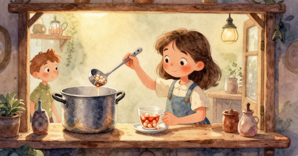 凱拉的湯匙正舀起發光珍珠，袖上水珠閃爍，鏡頭特寫展現廚房工作的精細瞬間。