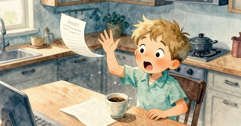 布雷克從上方視角中驚訝伸手穩住搖晃杯子，訂單紙輕拂耳邊，溫馨廚房背景中充滿緊張氣氛。