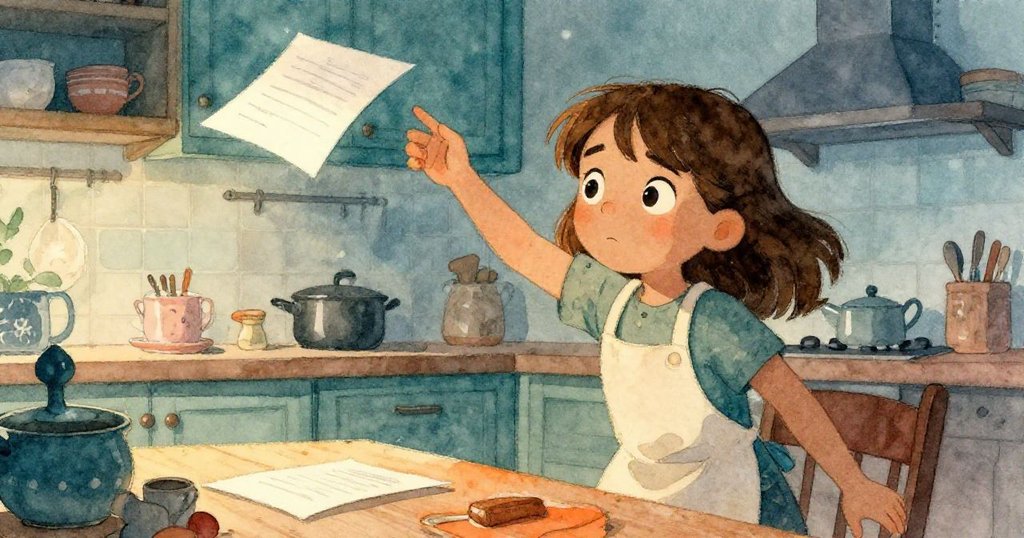 凱拉全神貫注用手臂阻擋飛舞訂單紙，穩住搖搖欲墜的杯子，表情堅毅展現關鍵時刻。