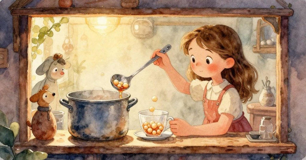 完成時刻中，杯子精準達到紅線，凱拉滿意凝望，溫暖蒸氣輕柔上升，展現故事溫馨結局。