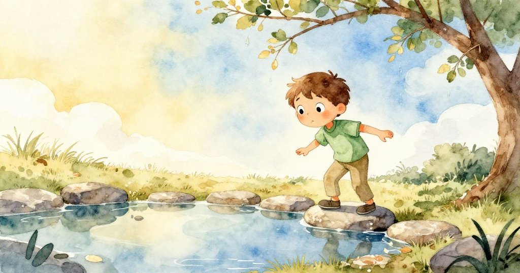 瑞斯站在石頭上，望著平靜鏡面積水，反映出雲彩及銅色落葉，表情專注，場景充滿晨光與自然氣息