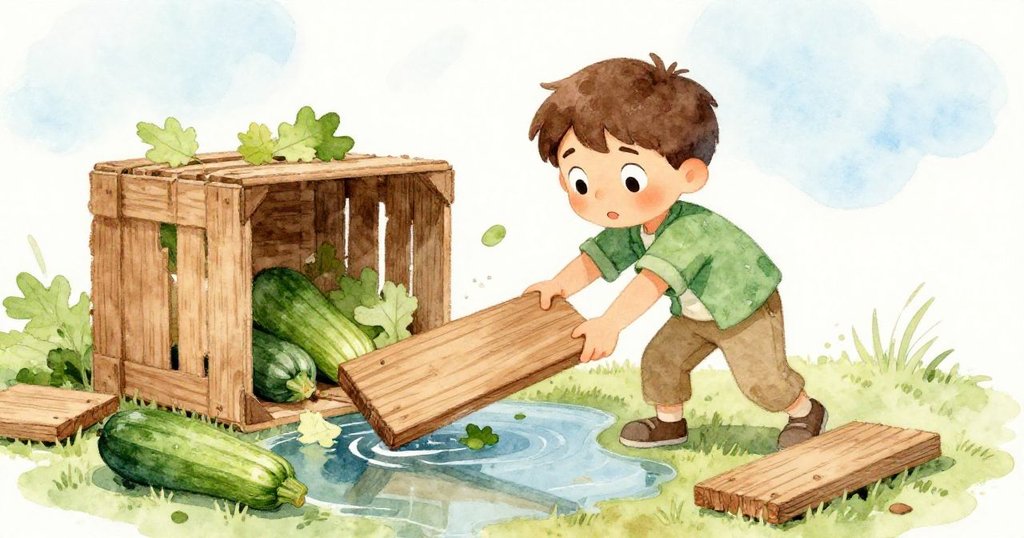 瑞斯在池邊的破舊蔬菜箱旁忙著取板，注意力集中，浮著的西葫蘆與木板點綴背景，展現創造性與自然美景