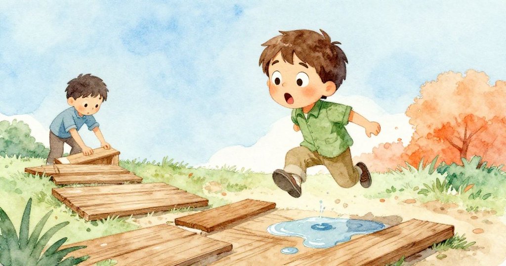 一隻麻雀在水滴區飲水時被濺起的水花驚動，瑞斯在遠處專注調整木板，場景充滿生動細節與自然光影