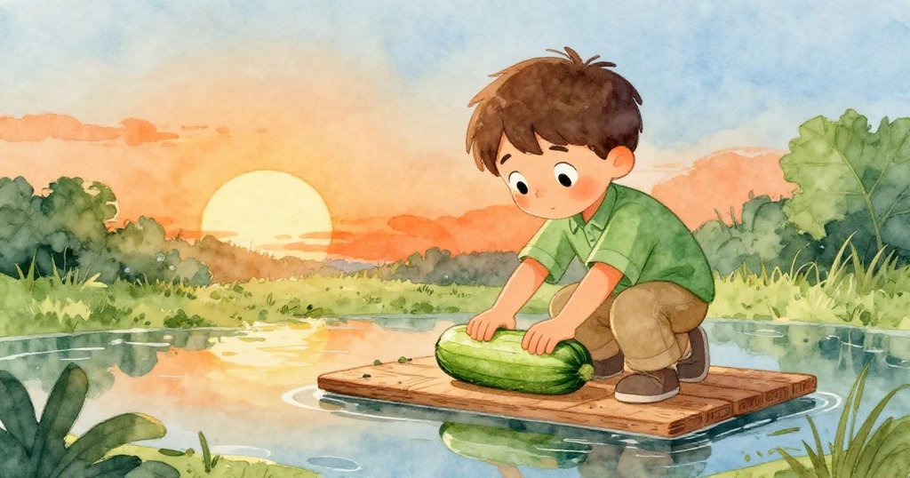 瑞斯專注地將浮動的西葫蘆推至木板邊緣，背景由晨光漸轉夕光，展現時間推移與巧思創造的美景