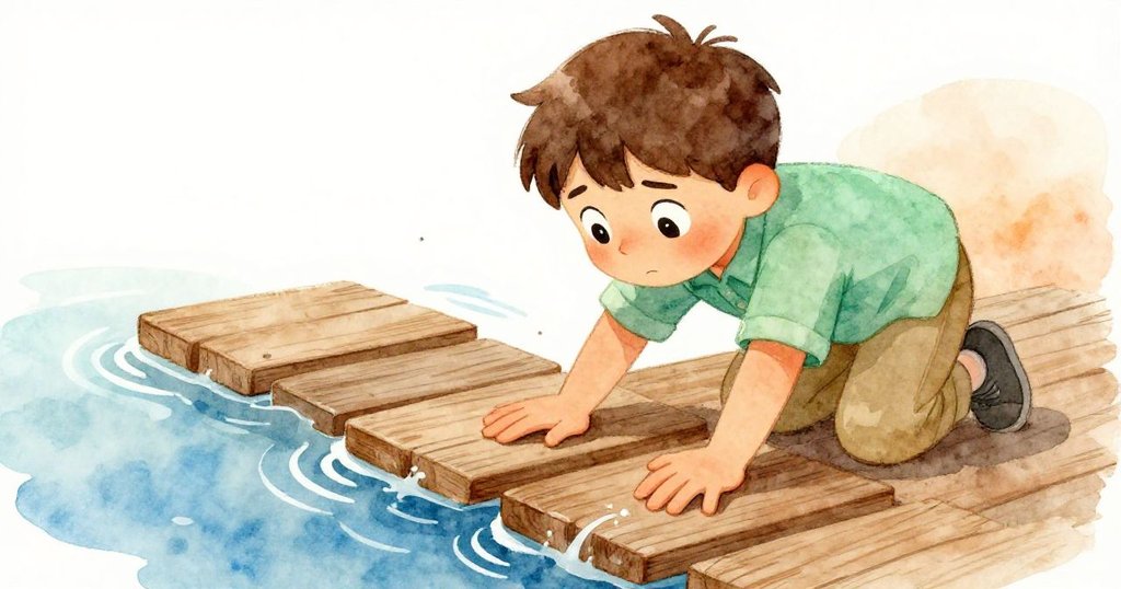 瑞斯緊盯著搖晃的木板，雙手用力按壓以抗衡水面漣漪，臉上流露出專注與一絲憂慮，場景細膩生動