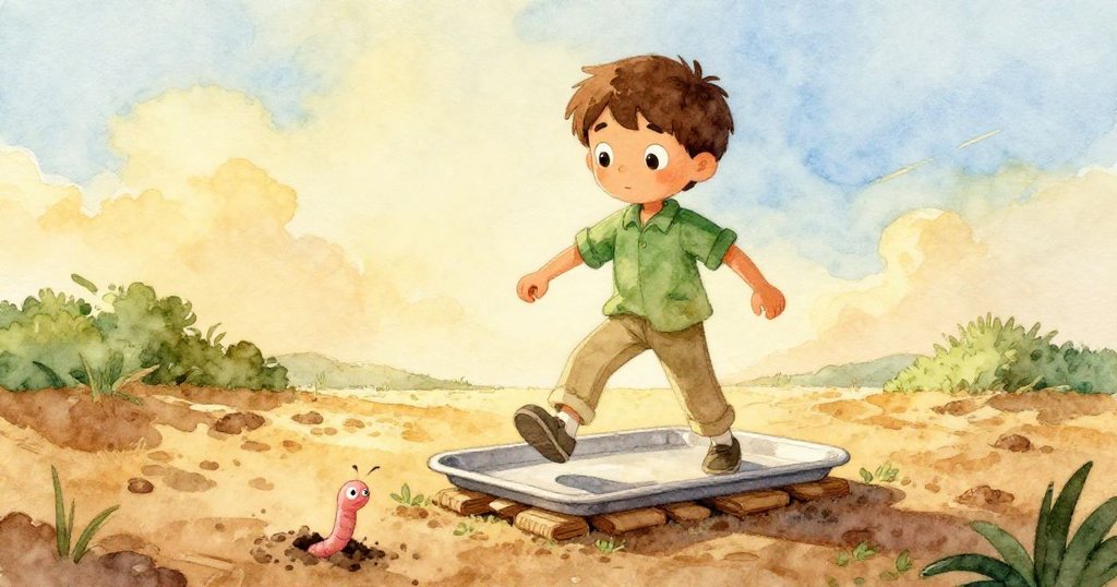 瑞斯踏上最後一塊乾石島，用麵包托板架橋成功，旁邊一隻粉色蚯蚓探出，傳遞自然回饋與溫暖心情